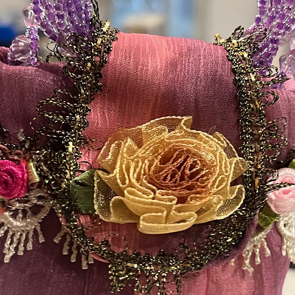 Small Decorative Bag to carry change. Silk organza. Tiny beads, lace & flower